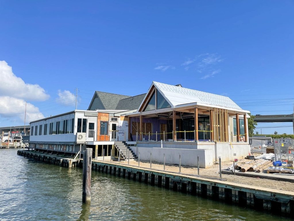 View from the water of construction in progress