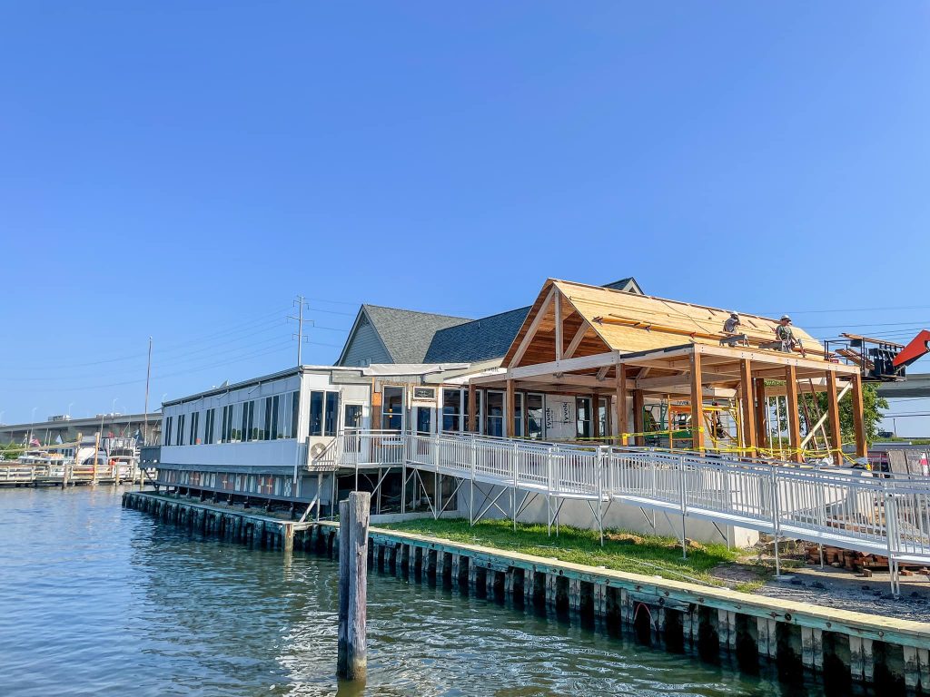 In progress construction shot of The Narrows Restaurant on the water